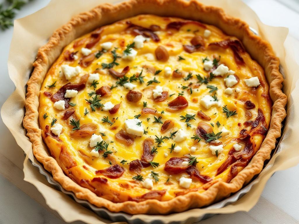 Quiche dorée aux oignons caramélisés et morceaux de fromage bleu, posée sur une planche en bois