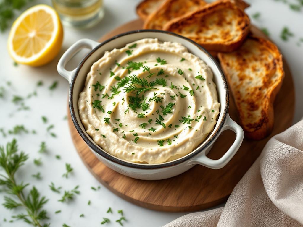 Pot de rillettes de sardines crémeuses parsemées d'herbes fraîches, posé sur une planche en bois avec des toasts de pain rustique