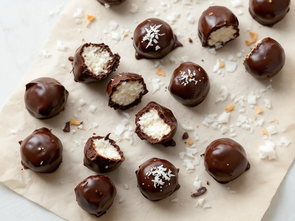 Petits rochers chocolat coco enrobés de chocolat noir brillant, posés sur une feuille de cuisson avec de la noix de coco râpée autour