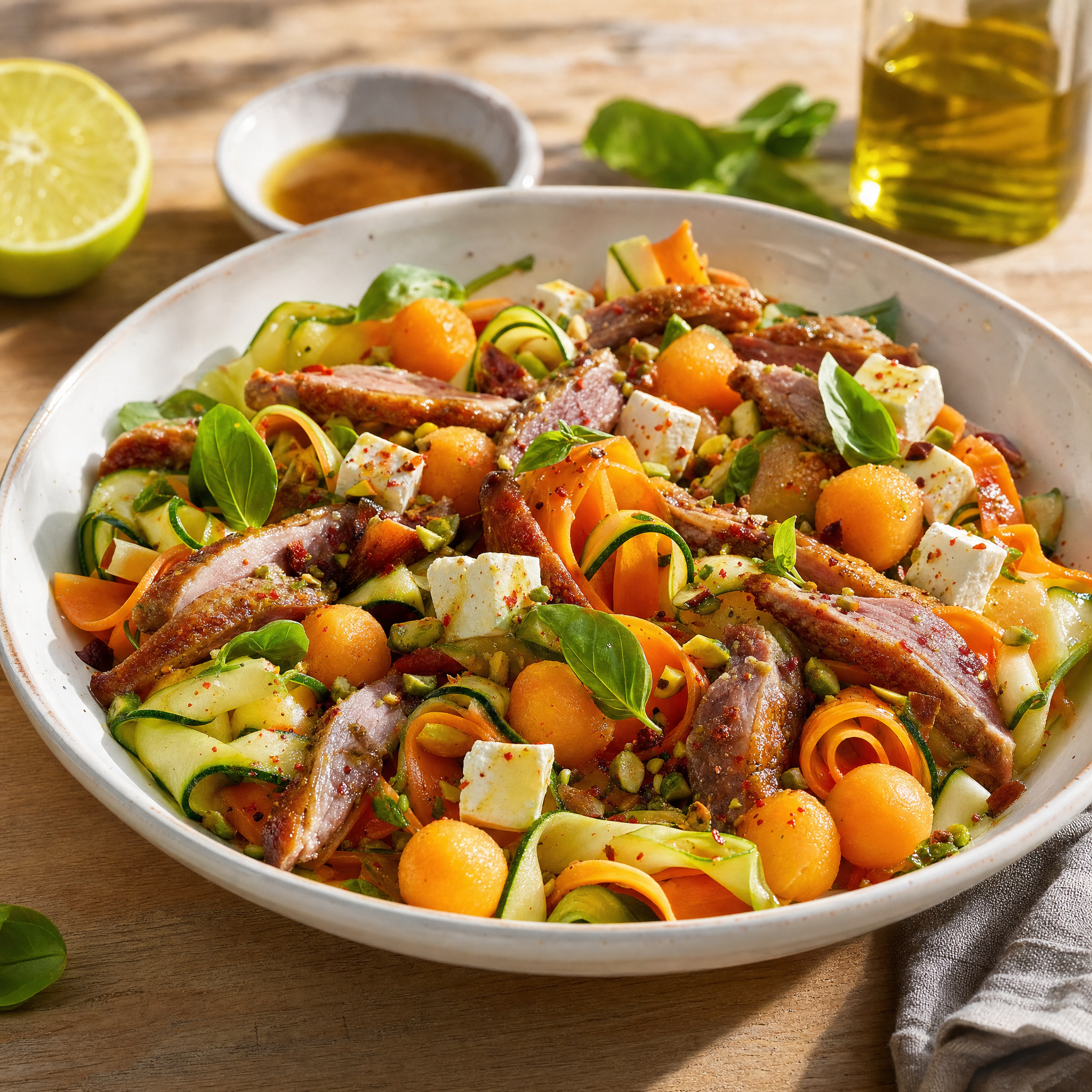 Grande salade colorée aux lamelles de courgette et de carotte, billes de melon, feta, pistaches et canard confit, nappée d'une vinaigrette brillante.