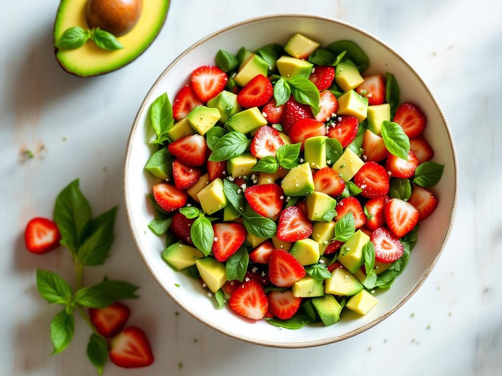 Saladier de fraises en tranches et quartiers d'avocat parsemés de basilic frais ciselé