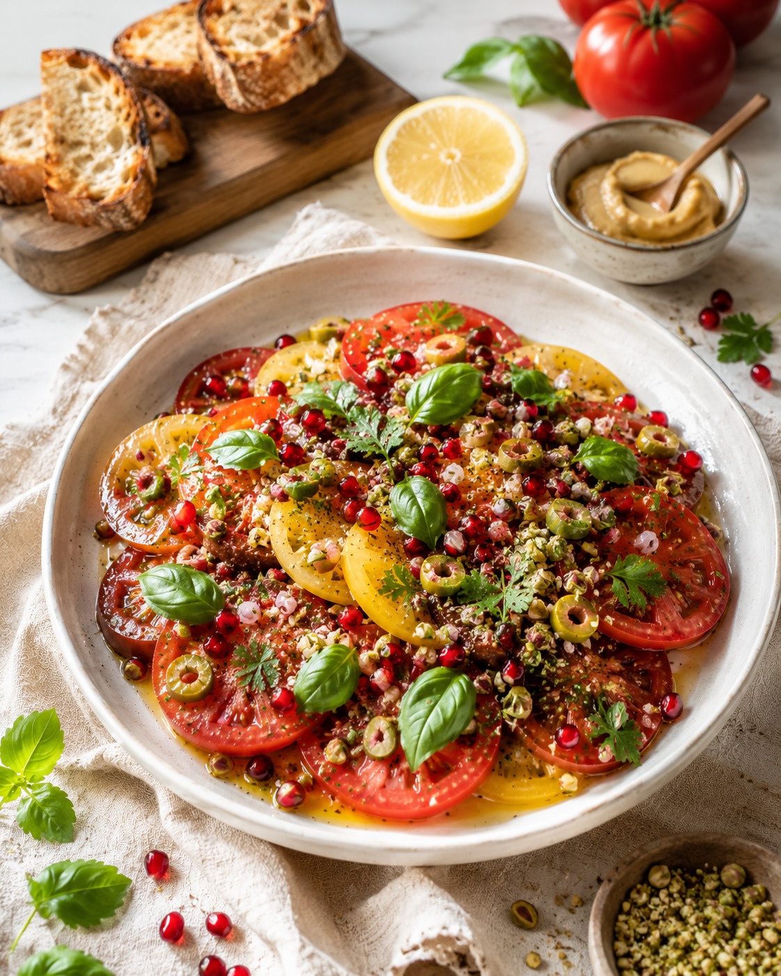 Bol de tomates colorées garnies de grenade, olives vertes, pistaches et basilic frais, avec un filet d'huile d'olive doré