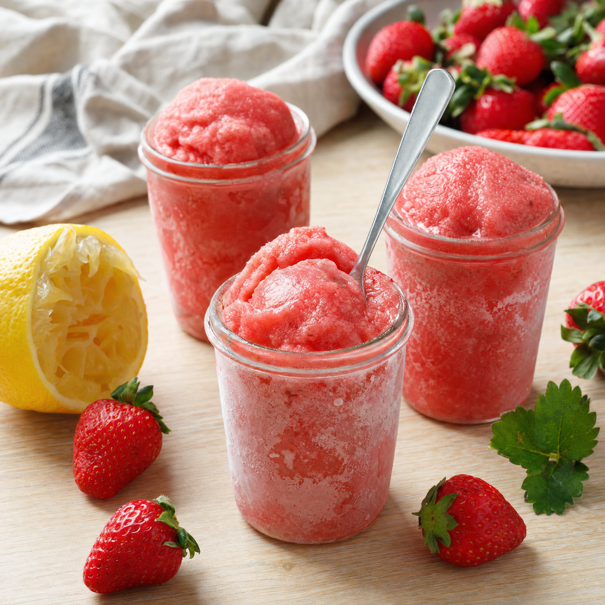 Trois pots en verre remplis de sorbet à la fraise rose vif et givré, entourés de fraises fraîches et d'un demi-citron sur une table en bois clair.