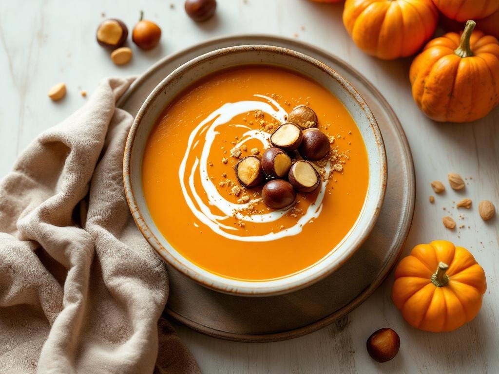 Bol de soupe orangée à la courge butternut avec morceaux de châtaignes et filet de crème, sur une table en bois en automne