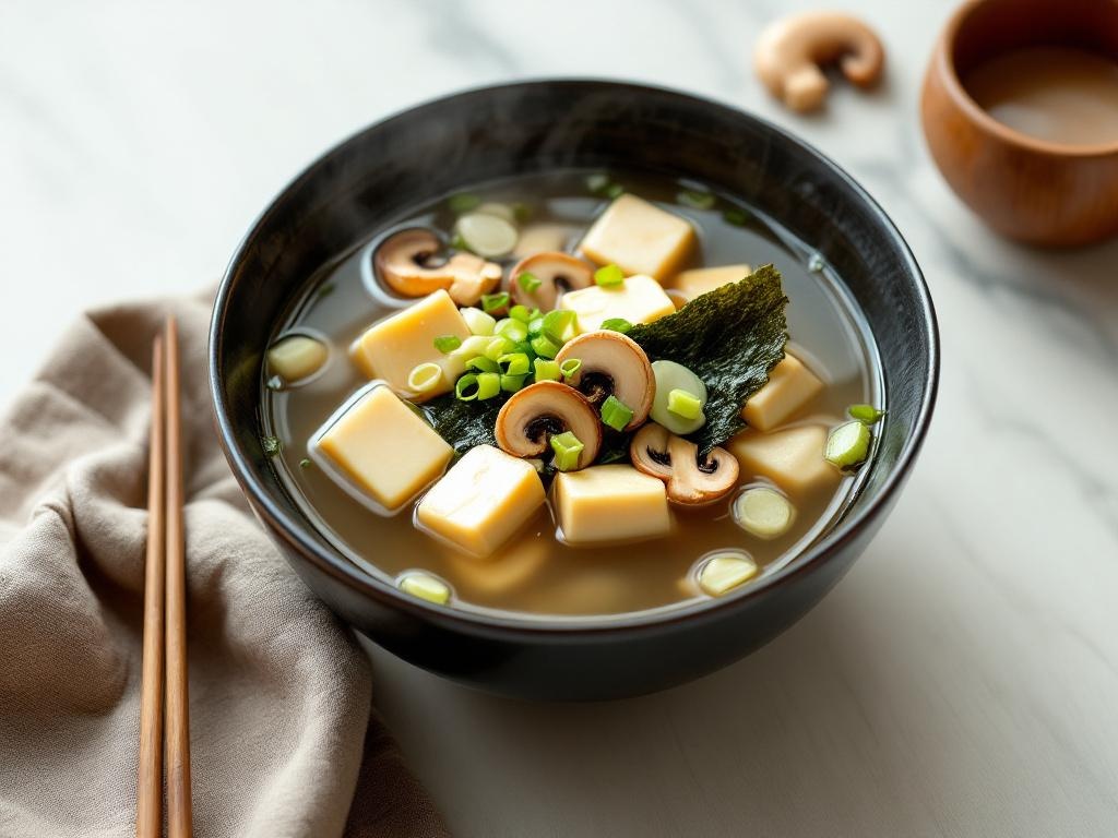 Bol de soupe miso fumante avec algues wakame et herbes fraîches sur le dessus