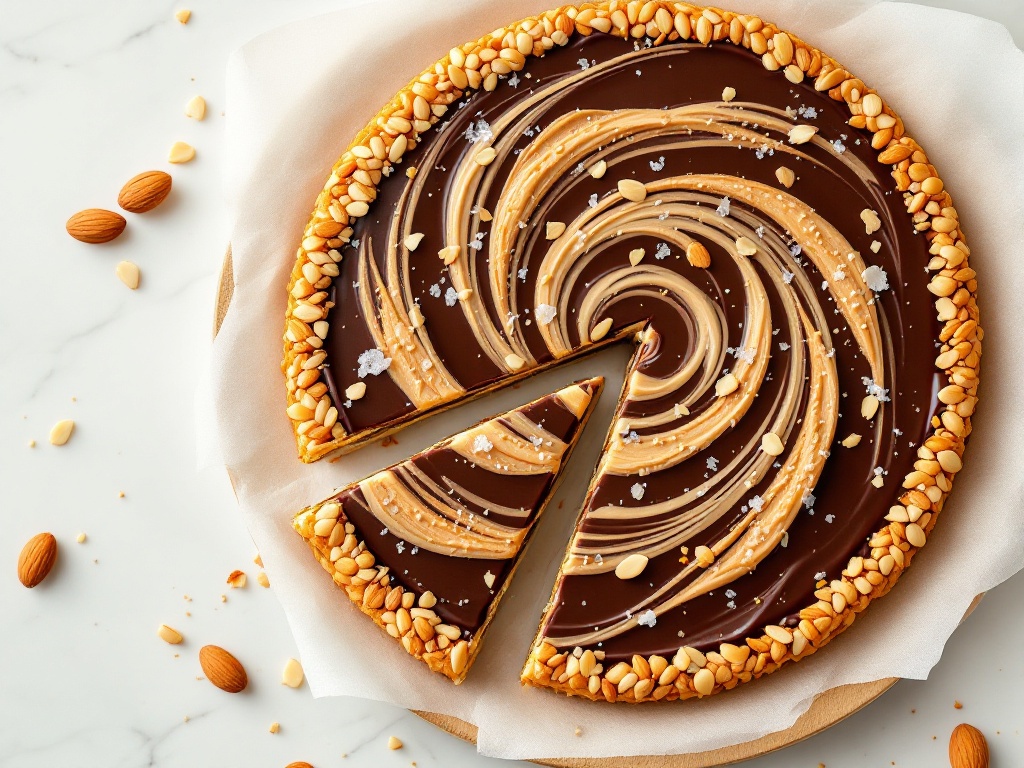 Grande tuile ronde aux amandes caramélisées nappée de chocolat noir et marbrée de purée de sésame, posée sur une planche en bois