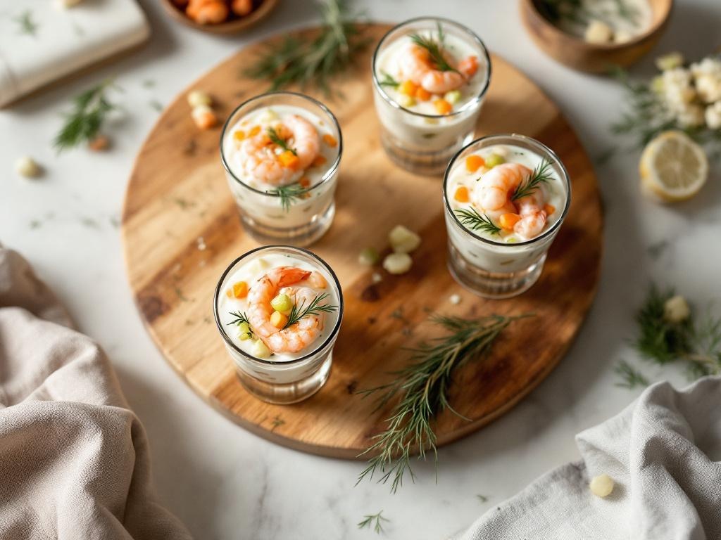 Verrines élégantes garnies de crème blanche aux crevettes roses, légumes finement émincés et brins d'aneth, sur une table de fête