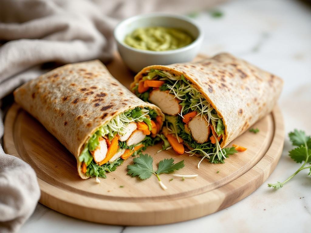 Wrap de galette de sarrasin garni de poulet, légumes colorés, graines germées et houmous, coupé en deux sur une planche en bois